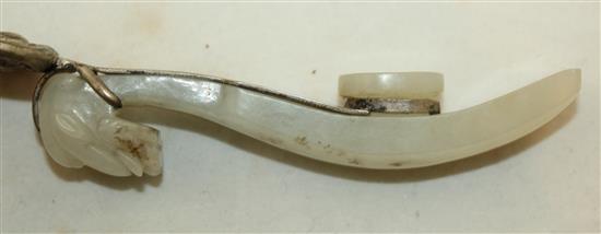 A Chinese pale celadon jade belt hook, mounted as a paperknife, 19th century, handle 9.4cm